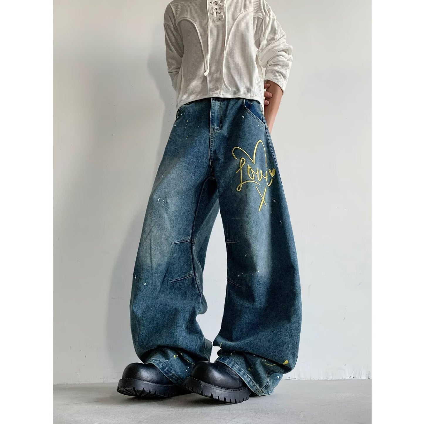 Playful Embroidered Ink Splash Wide Leg Pants