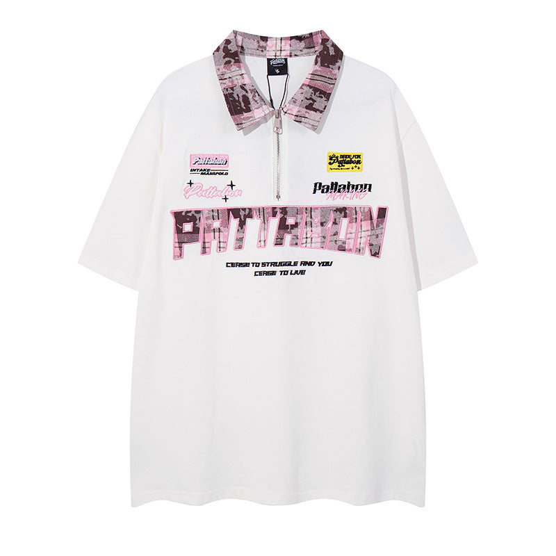 Embroidered Letter Polo - Half-Zip Short Sleeve