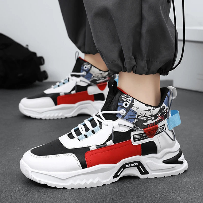 Men's High Top White Sports Shoes - Thick Sole & Stylish