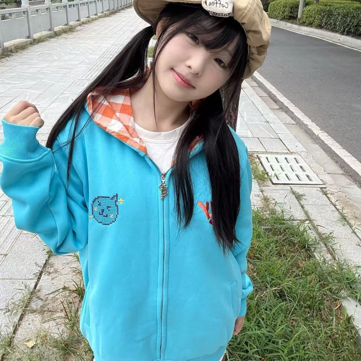 Cartoon Embroidered Zip-Up Hoodie