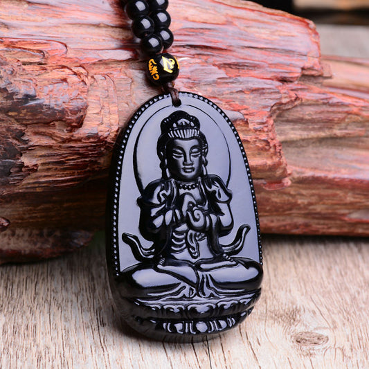 Black Obsidian Six Stars Lucky Amulet Pendant Necklace