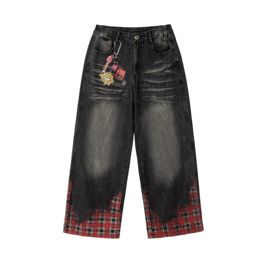 Hanging Chain Plaid Printed Wide Leg Denim Pants