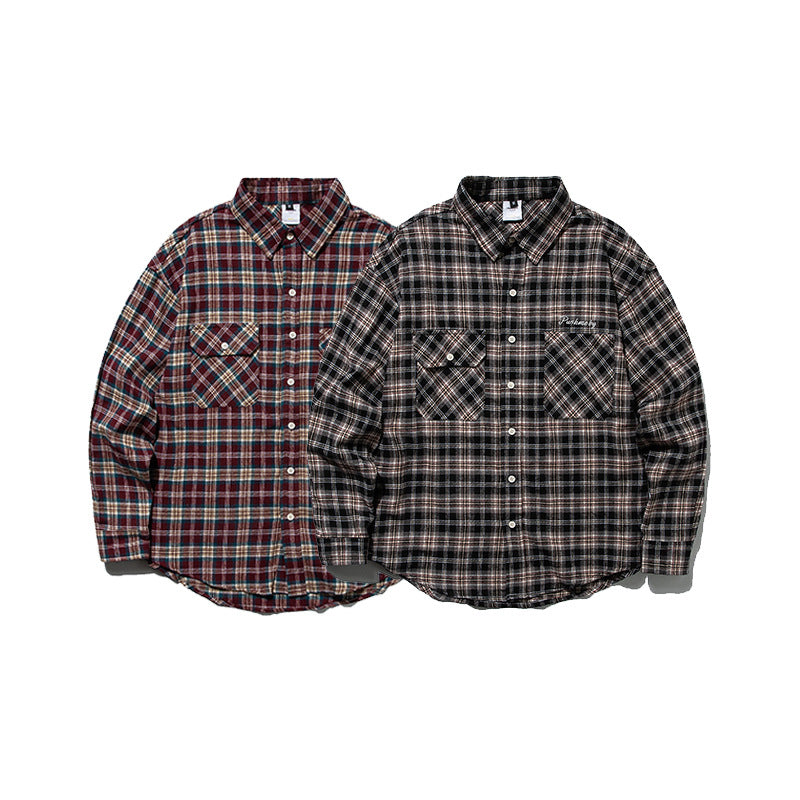 Loose Casual Color-Blocked Checkered Long Sleeve Turn-Down Collar Shirt