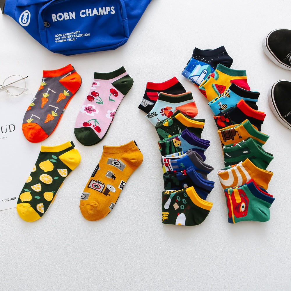 Playful Harajuku Men's Cotton Ankle Socks - Funny Animal & Fruit Designs