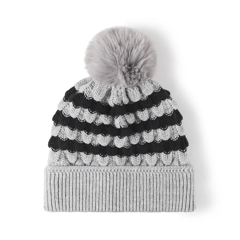 Playful Striped Pom-Pom Knit Hat