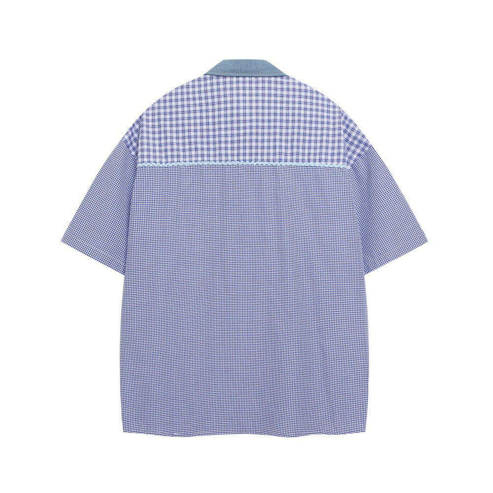 Playful Cartoon Bear Plaid Short-Sleeved Shirt for Men