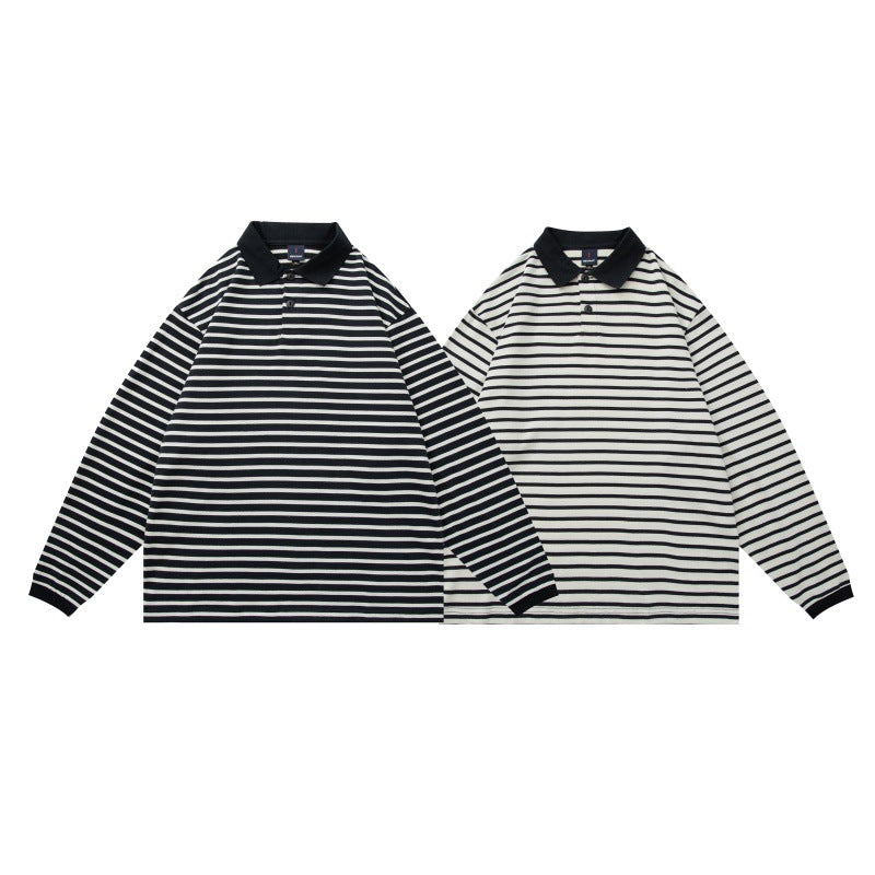 Casual Stripe Polo Shirt for Men - Loose Fit Long Sleeve T-Shirt