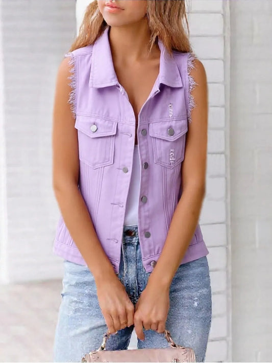 Button Down Raw Hem Sleeveless Denim Jacket Plus Size