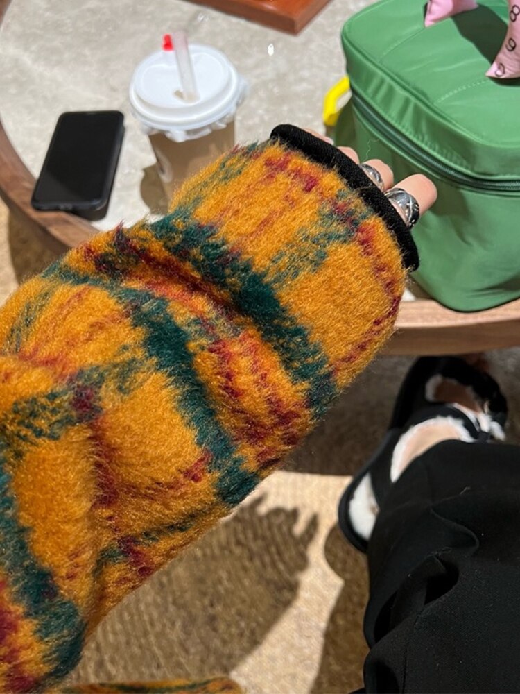 Playful Retro Colorful Plaid Woolen Trench Coat for Women