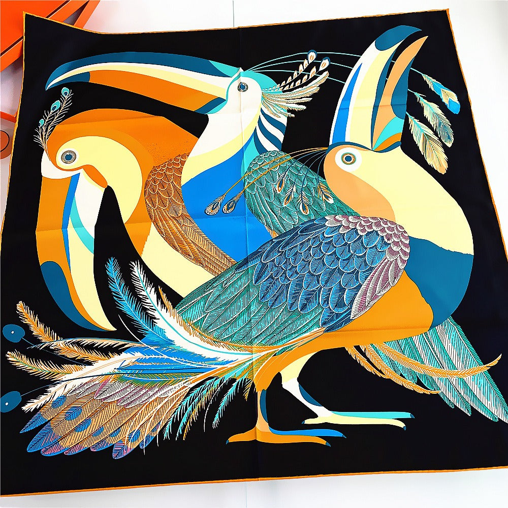 Artistic 90cm Cartoon Bird Feather Square Scarf