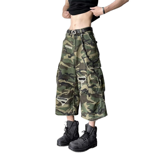 Destruction Camouflage Denim Wide Leg Cropped Pants