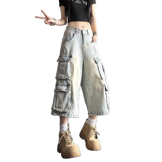 Retro Light Blue Multi Pocket Pants for Women