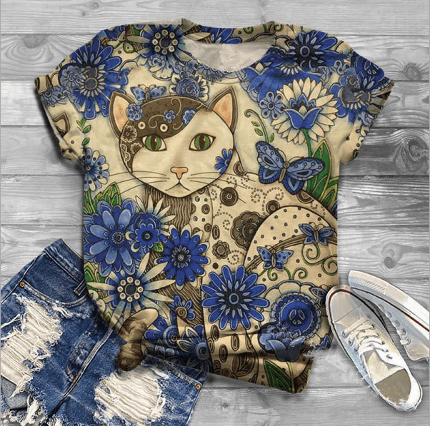 Harajuku Cat Print Plus Size T-Shirt for Women