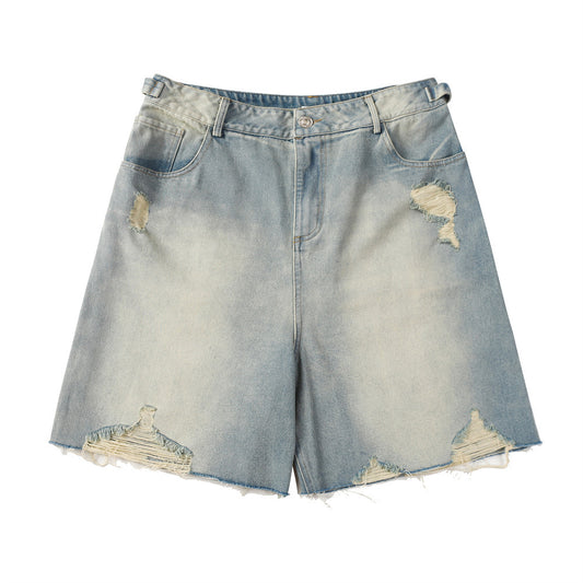 Heavy Distressed Denim Shorts for Men's Harajuku Style