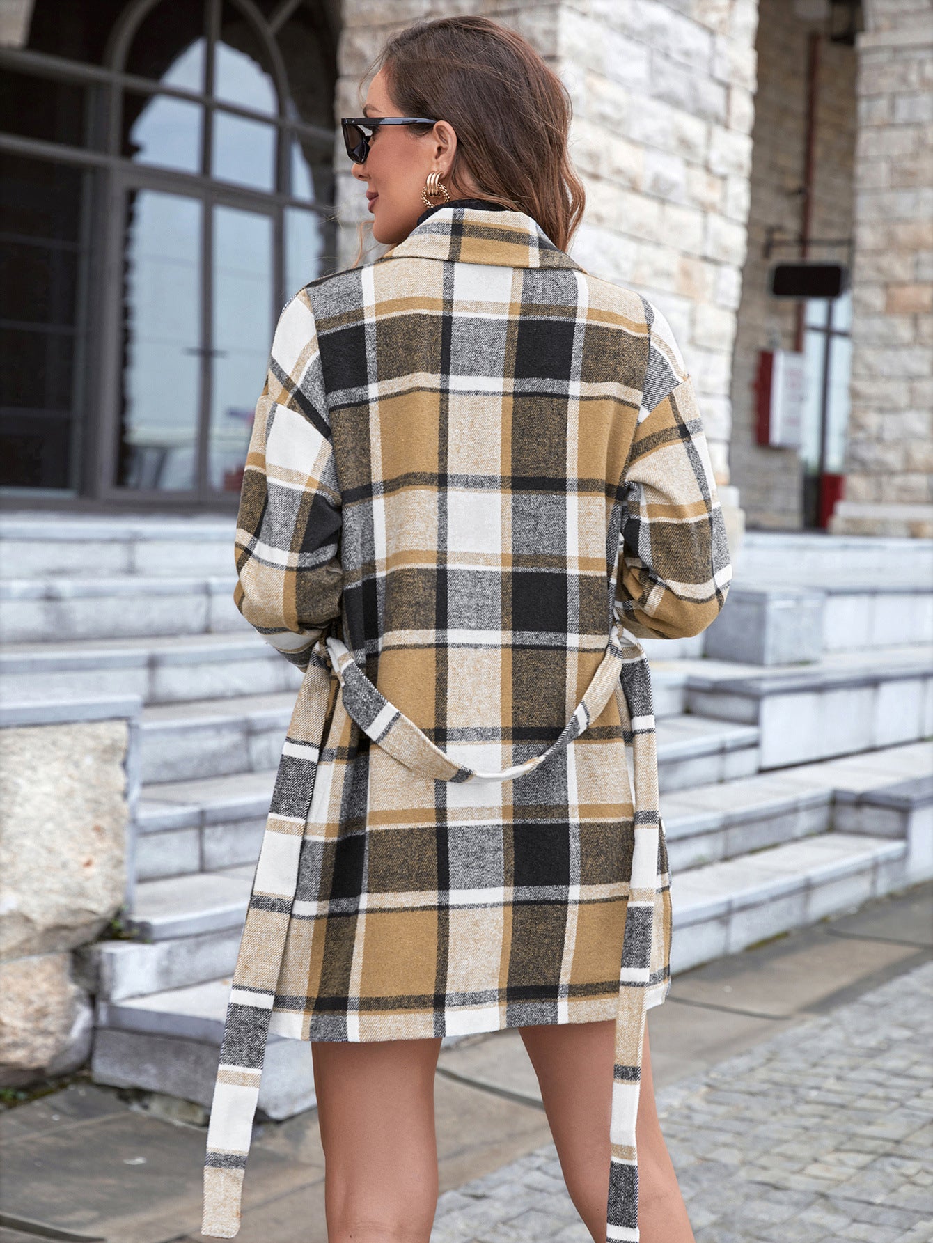 Playful Plaid Lapel Belt Trench Coat