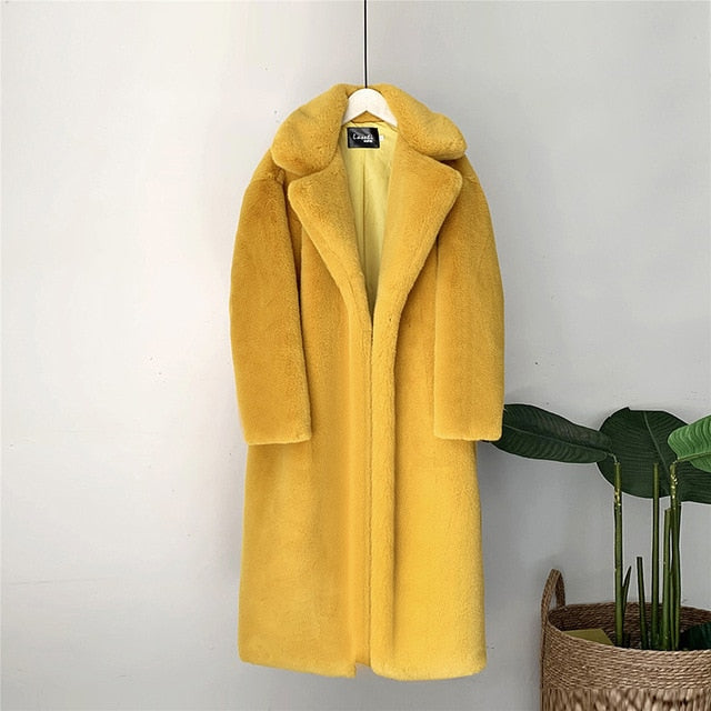 Mid-Length Mink Velvet Faux Fur Coat with Furry Collar