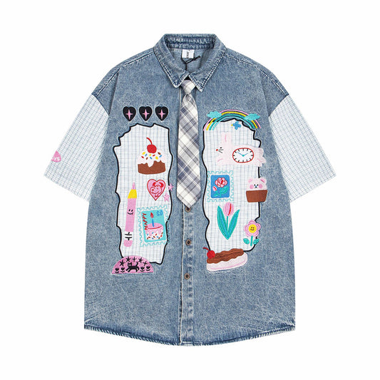 Playful Cartoon Denim Collar Shirt for Men & Women