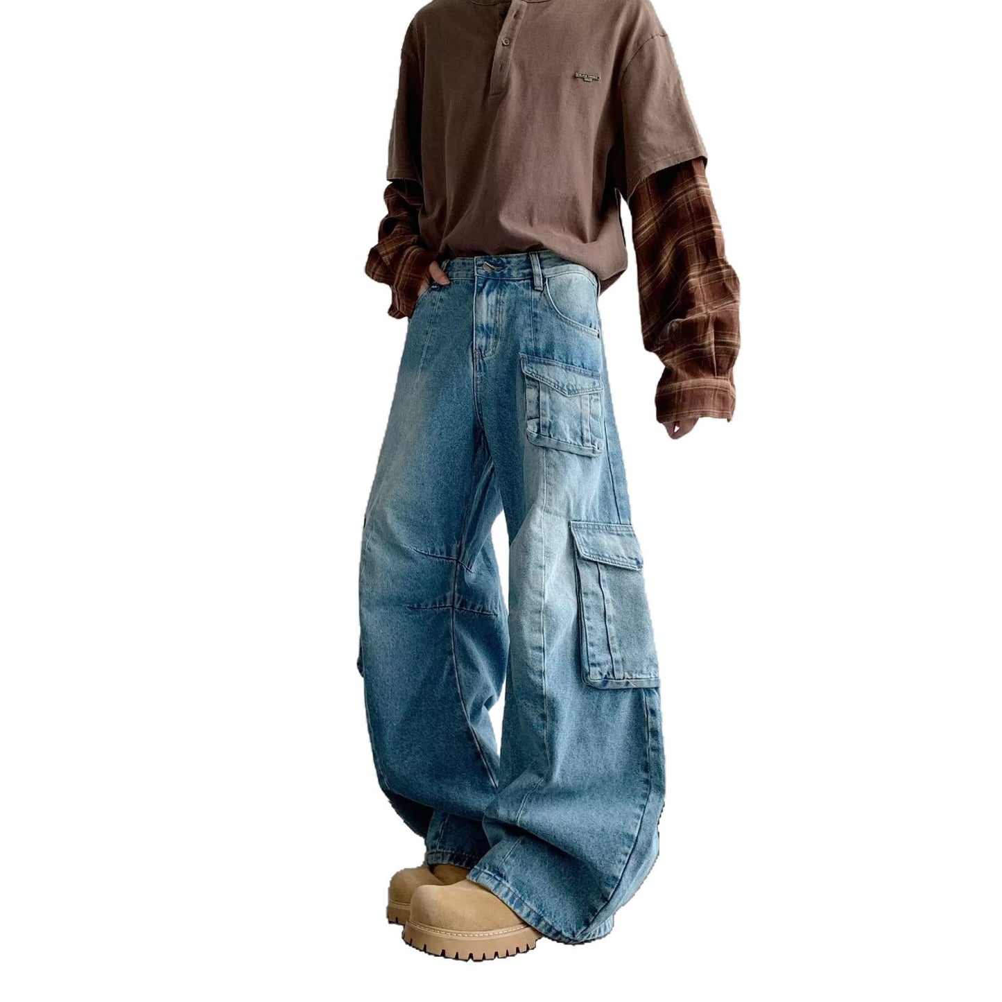 Multi Pocket Curved Knife Denim Wide Leg Pants