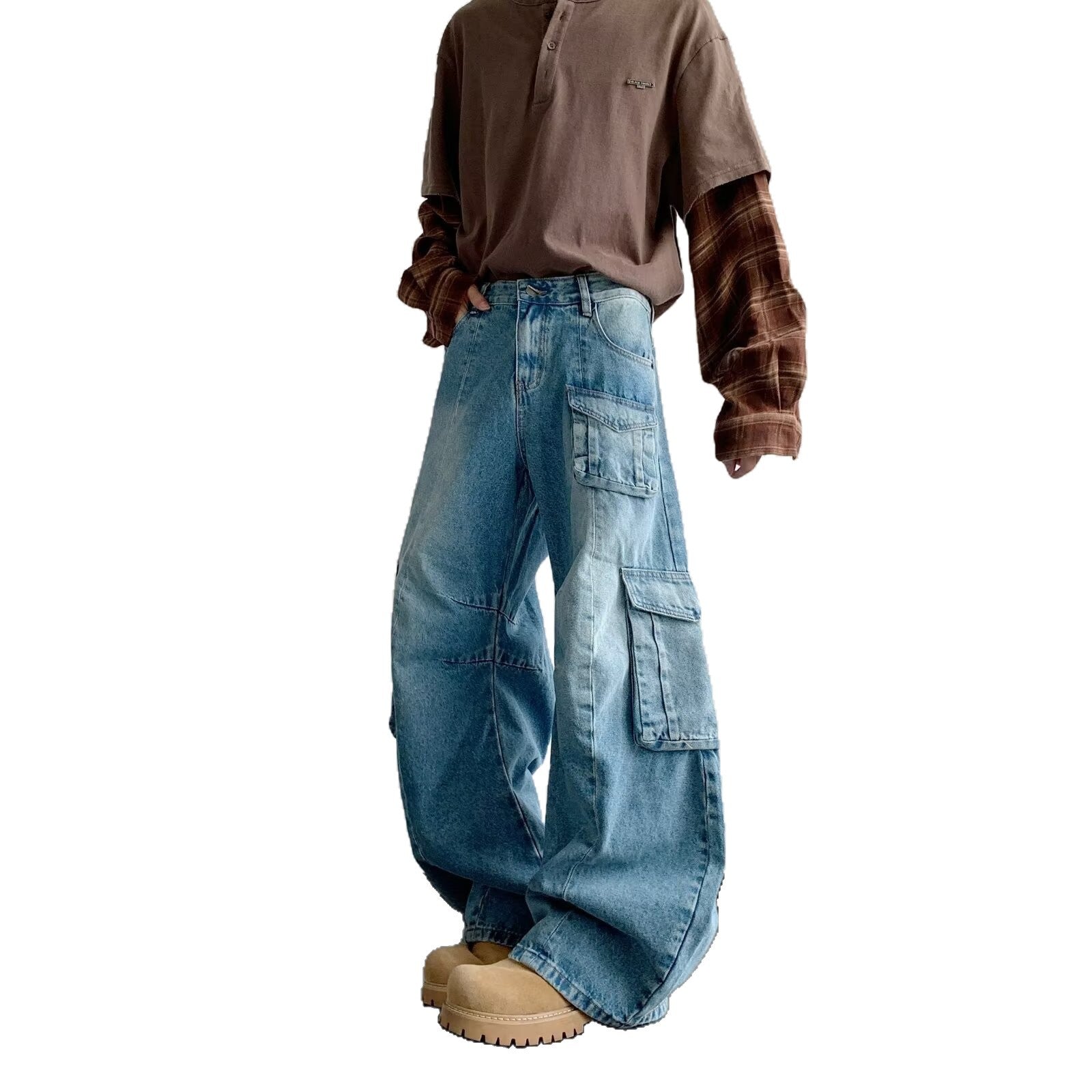 Multi Pocket Curved Knife Denim Wide Leg Pants