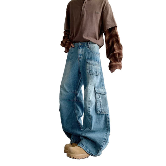 Multi Pocket Curved Knife Denim Wide Leg Pants