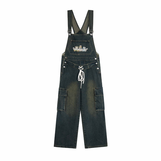 Harajuku Style Cartoon Embroidery Workwear Denim Overalls