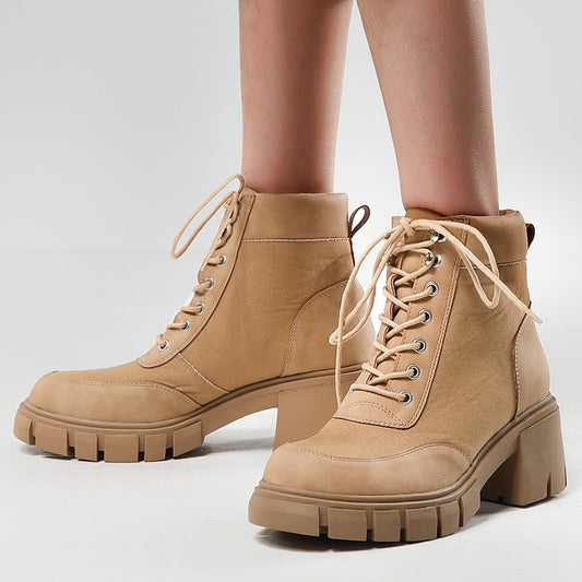 Thick Soled Short Boots for Women with Straps - Round Toe British Style Martin Boots