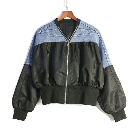 Harajuku Style Blue Denim Color-Block Jacket for Women