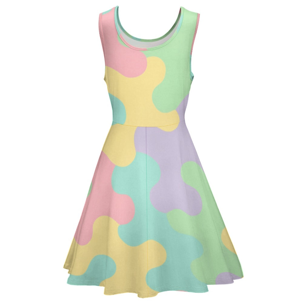 Pastel Rainbow Camo Harajuku Women's Round Neck Sleeveless Big Hem Dress
