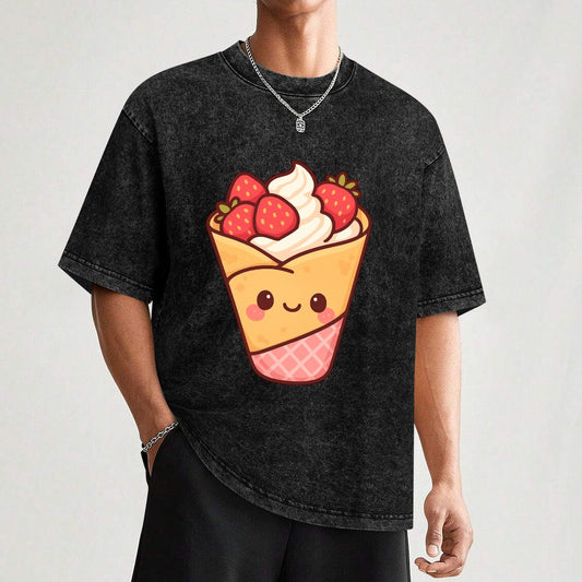 Kawaii Strawberry Crepe Vintage Off-Shoulder T-Shirt