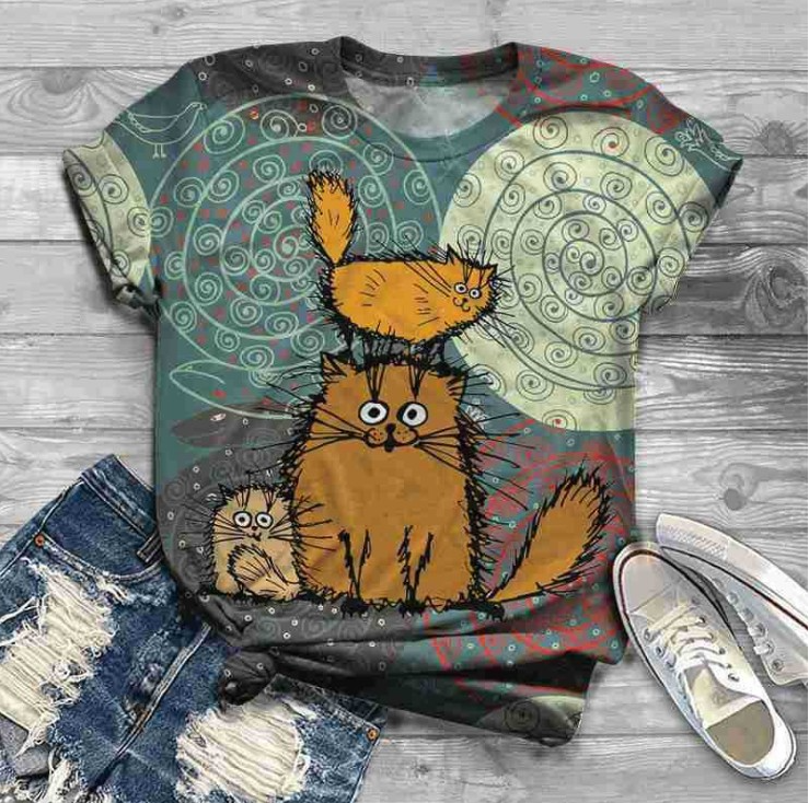 Harajuku Cat Print Plus Size T-Shirt for Women