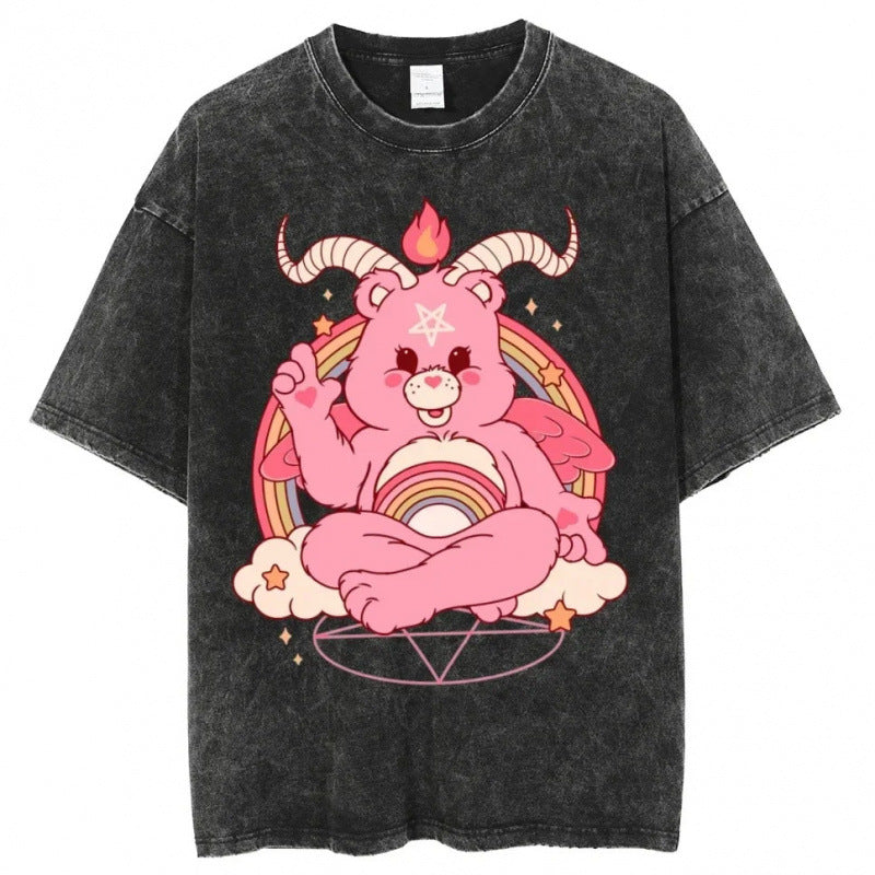 Summer Cartoon Cute Pattern Printed T-Shirt Vintage Washed Cotton Short Sleeve Top