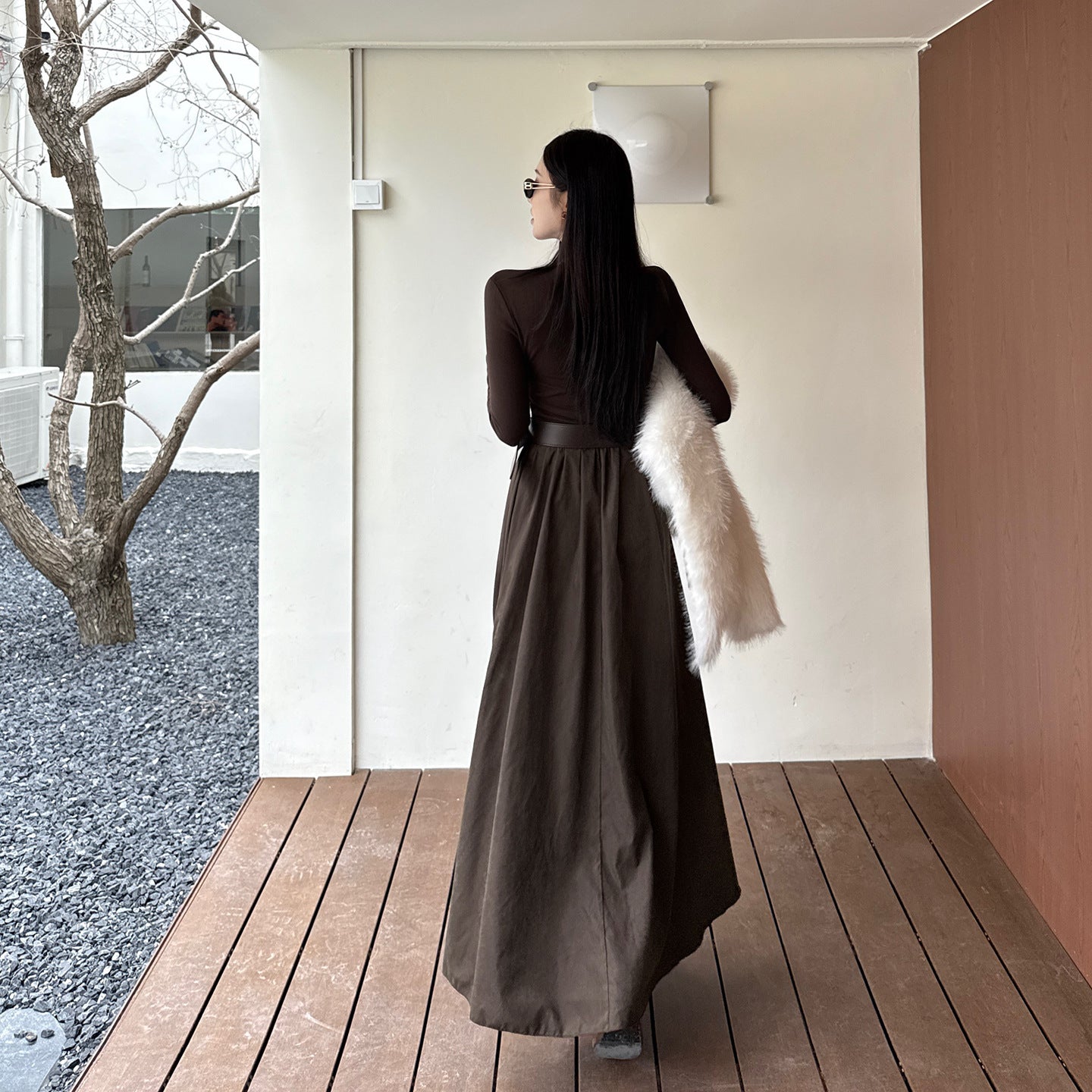 V-neck Long Sleeve Dress with Wide Waistband