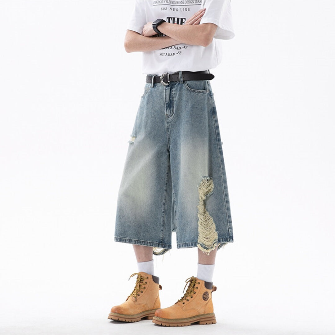 Men's Ripped Denim Cropped Pants - Harajuku Style