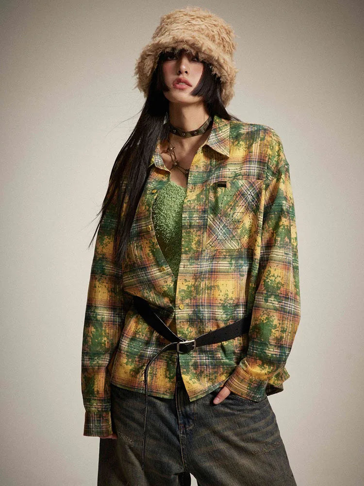 Harajuku Style Women's Tie Dye Plaid Blouse