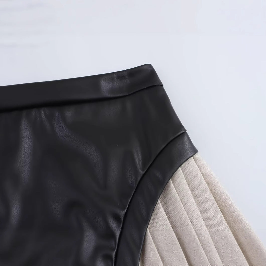 Patchwork Pleated A-line Zipper Short Skirt for Women