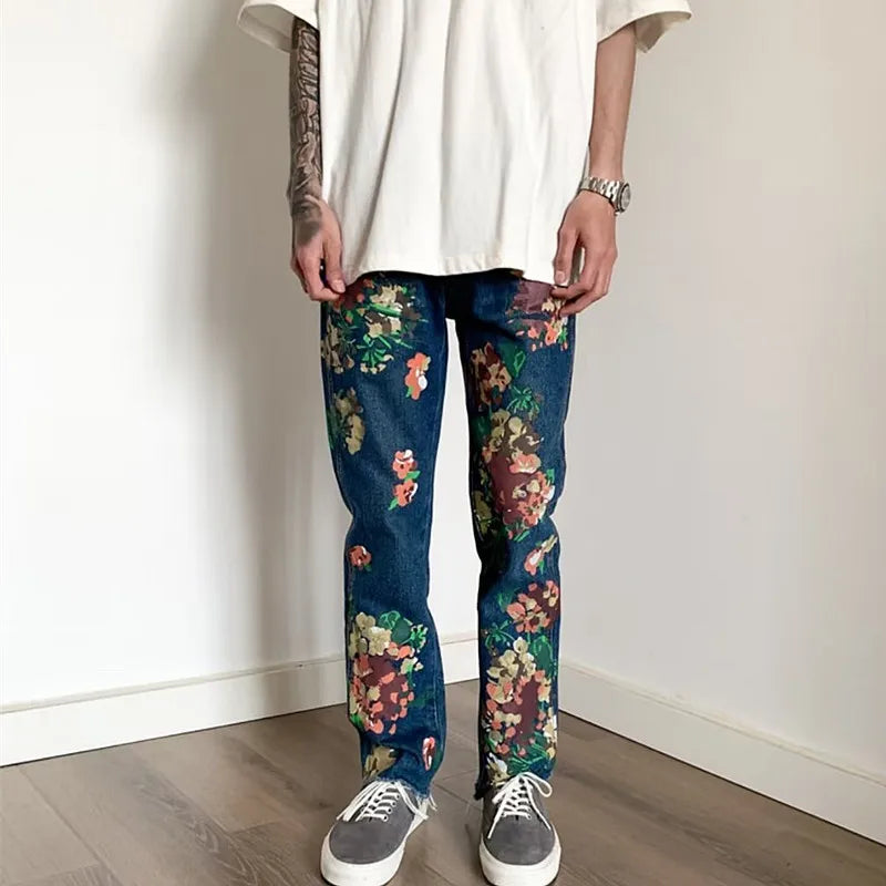 Hand-Painted Floral Graffiti Men's Trendy Jeans