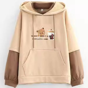 Cute Cartoon Hooded Sweatshirt for Couples with Patchwork Design