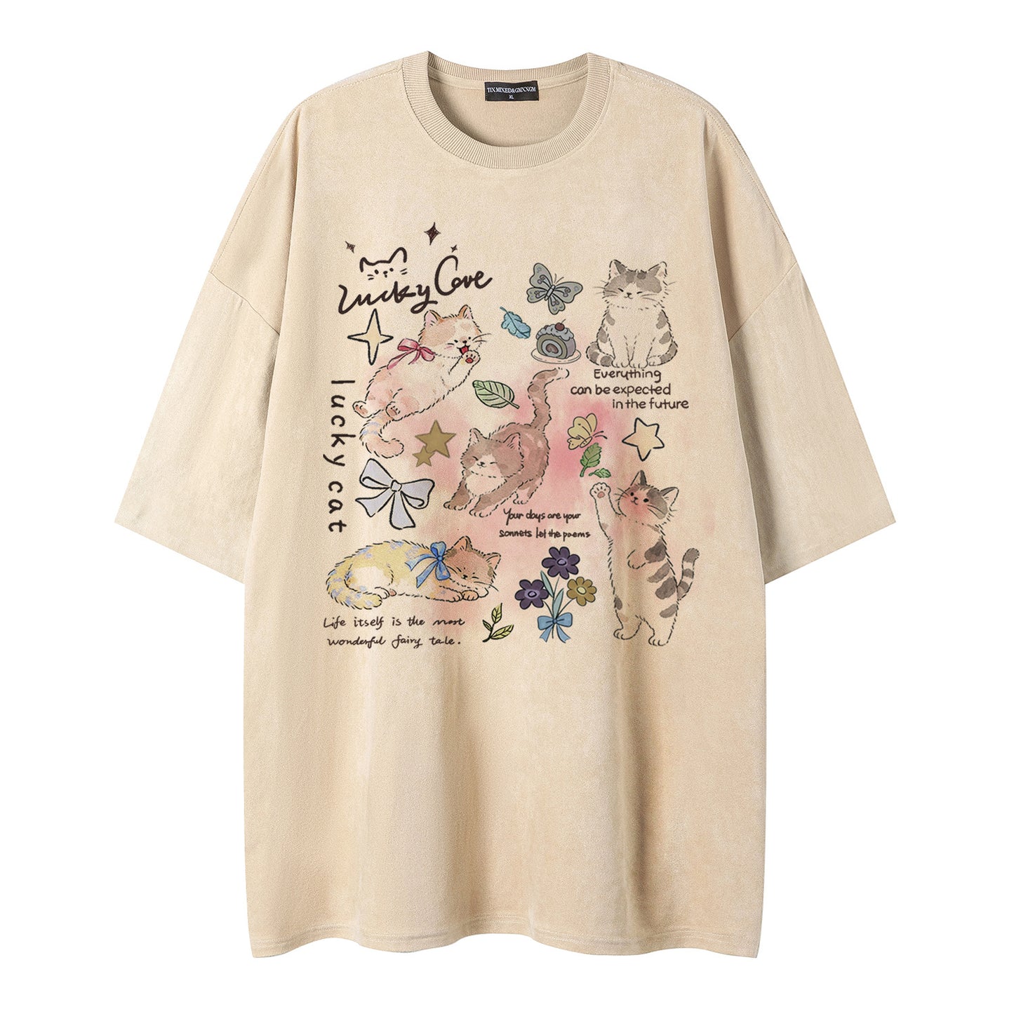Cat Butterfly Print Short-Sleeved Shirt — Harajuku Style Loose Fit Cotton Blend Tee