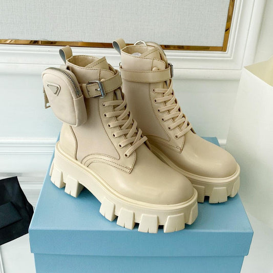 Beige Round Toe Women’s Short Boots with Thick Sole, Non-Slip Genuine Leather, High-Quality Ankle Boots for Women, Runway Style