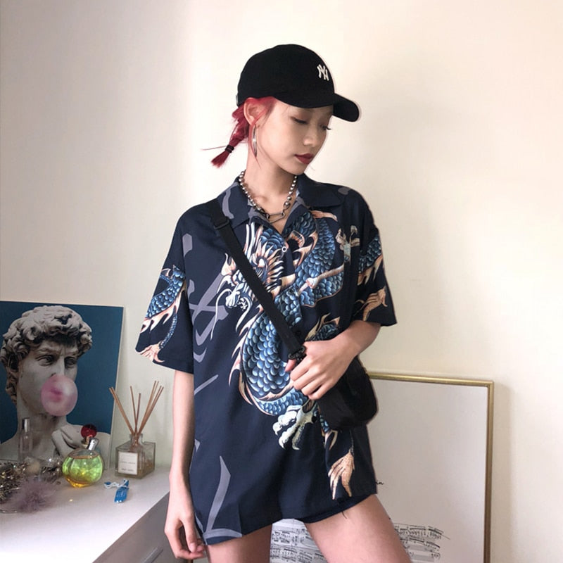 Oversized Harajuku Style Dragon Print Blouse