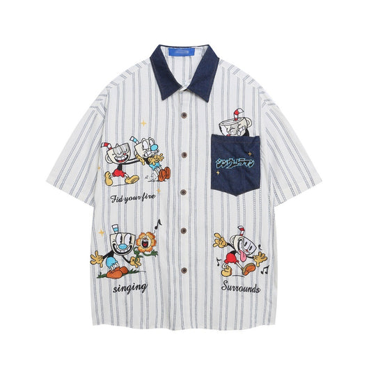 Playful Cartoon Striped Embroidery Shirt for Men