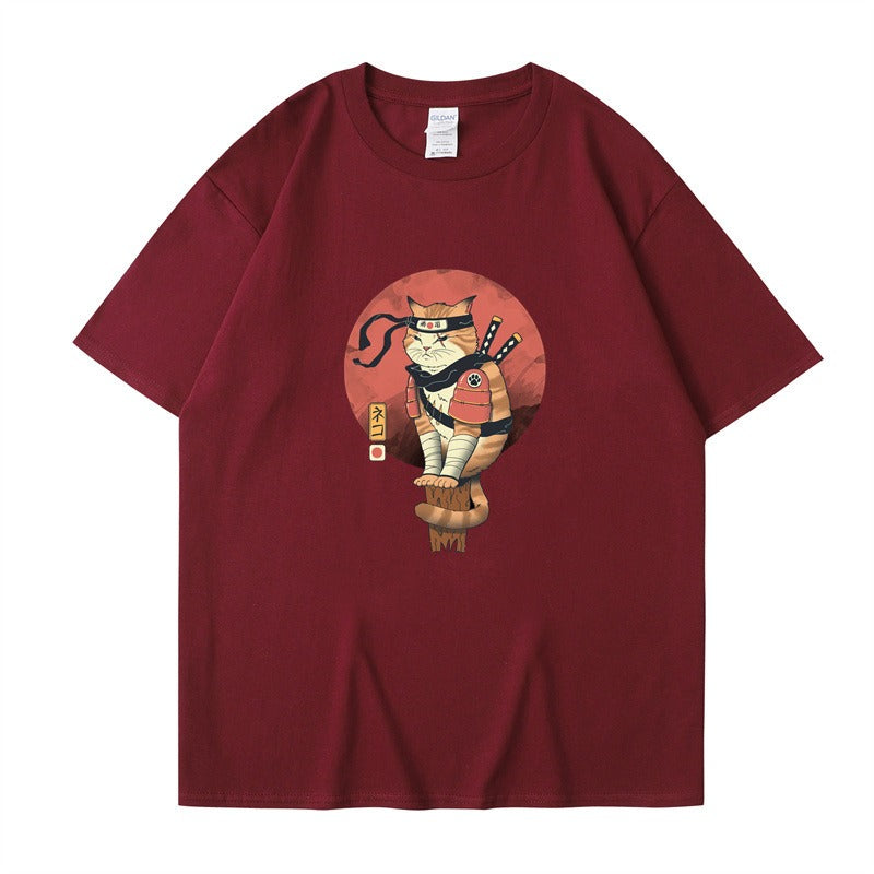 Ninja Cat Print T-Shirt - Short Sleeved Round Neck