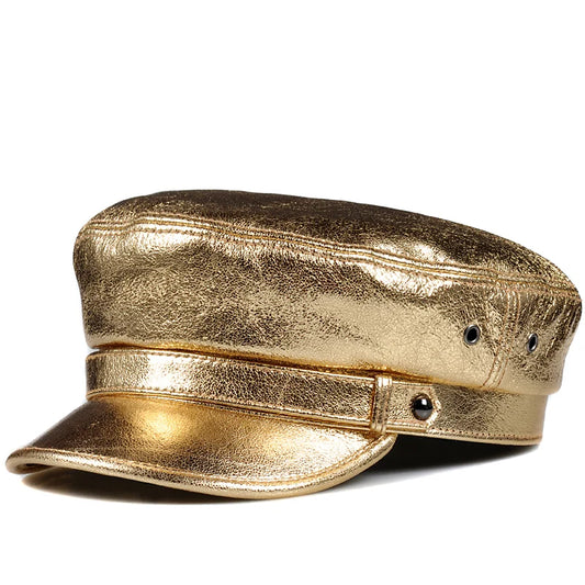 Spring Unisex Flat Top Genuine Leather Navy Hat