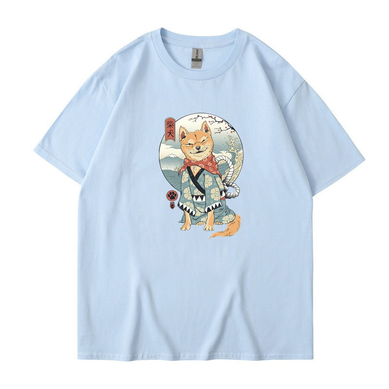 Chai Gou Ukiyo-e Style Shibu Inu Round Neck Short Sleeved Casual Top for Men