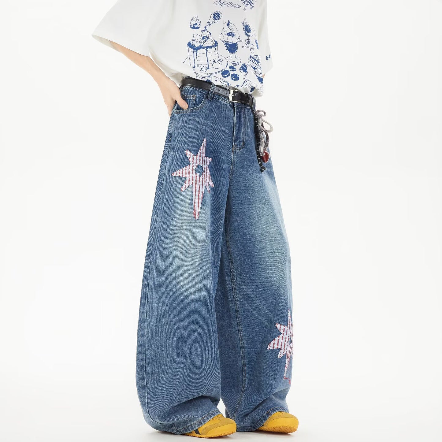 Retro Star Patch Embroidered Denim Wide Leg Pants