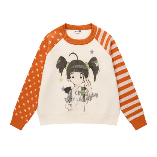 Star Stripe Raglan Mink Knit Sweater Unisex Cool Crewneck Knitwear