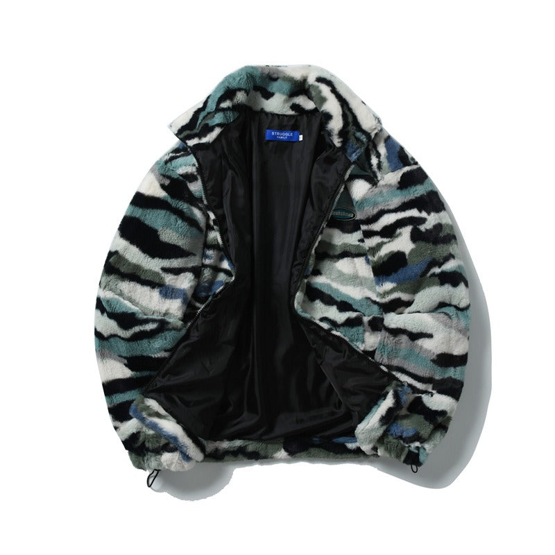 Retro Camouflage Plush Jacket for Harajuku Style