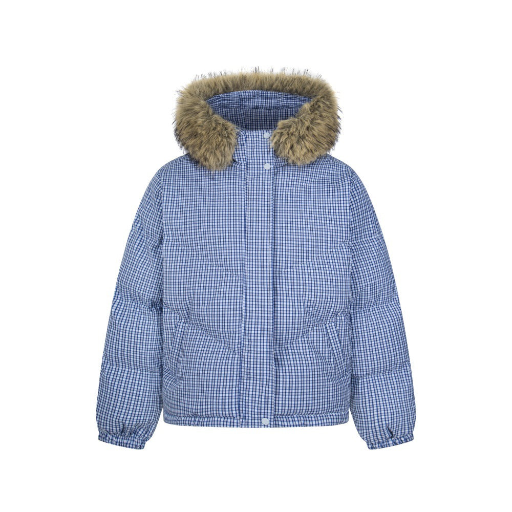 Thickened Checkered Cotton Jacket with Detachable Collar