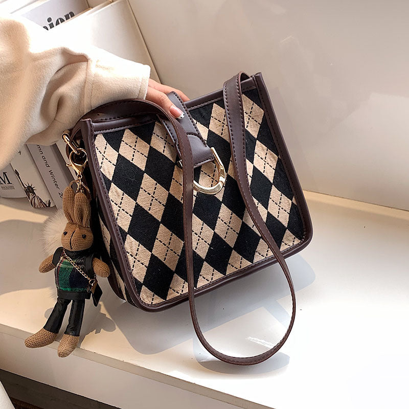 Harajuku Style Checkerboard Shoulder Bag with Fun Accessories