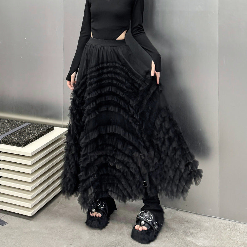 Mesh Patchwork Skirt for Women – Loose and Slimming A-Line Large Umbrella Skirt